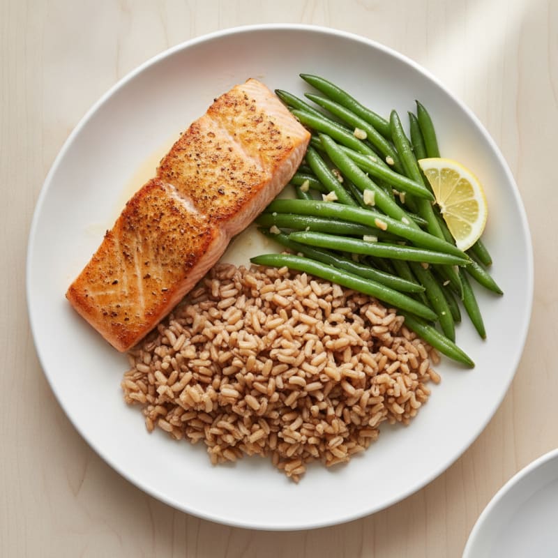 Seared Salmon with Garlic Green Beans and Brown Rice