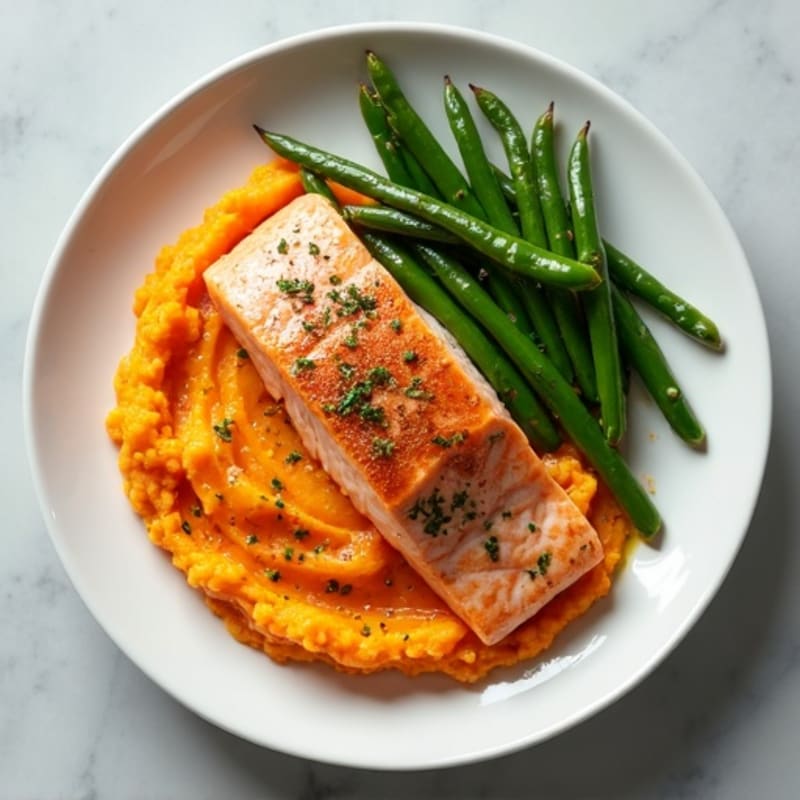 Seared Salmon with Steamed Green Beans and Sweet Potato Mash