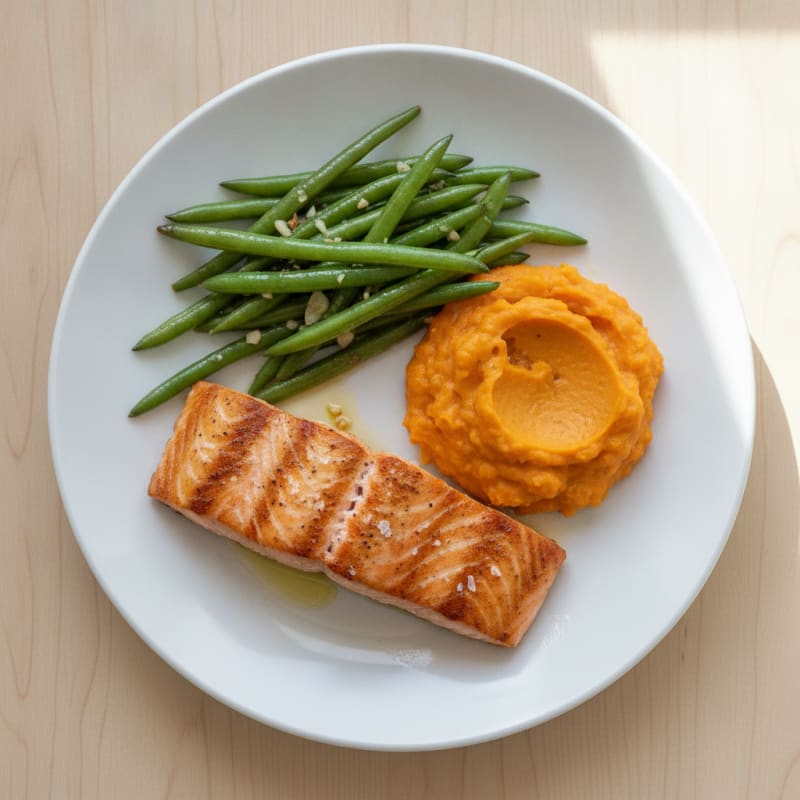 Seared Salmon with Garlic Green Beans and Sweet Potato Mash