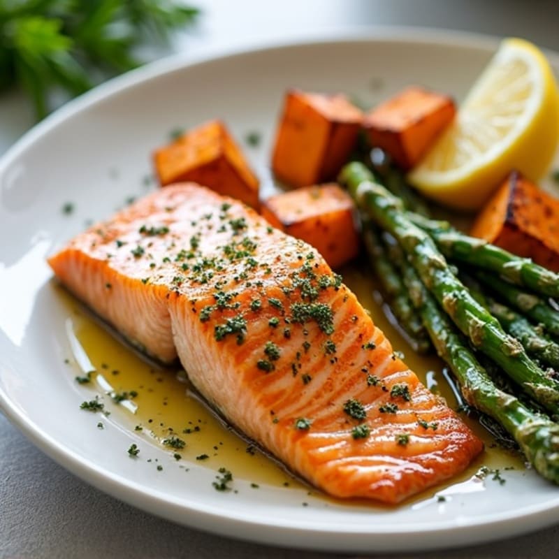 Sheet Pan Lemon Herb Salmon with Crispy Roasted Asparagus and Sweet Potatoes