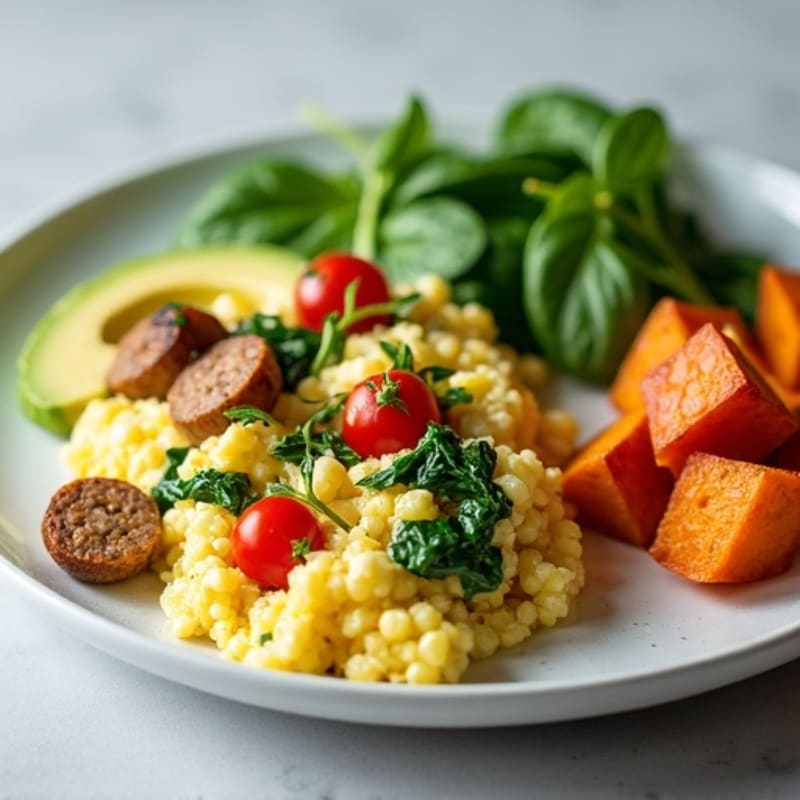 Egg White and Turkey Sausage Scramble with Spinach and Roasted Sweet Potatoes
