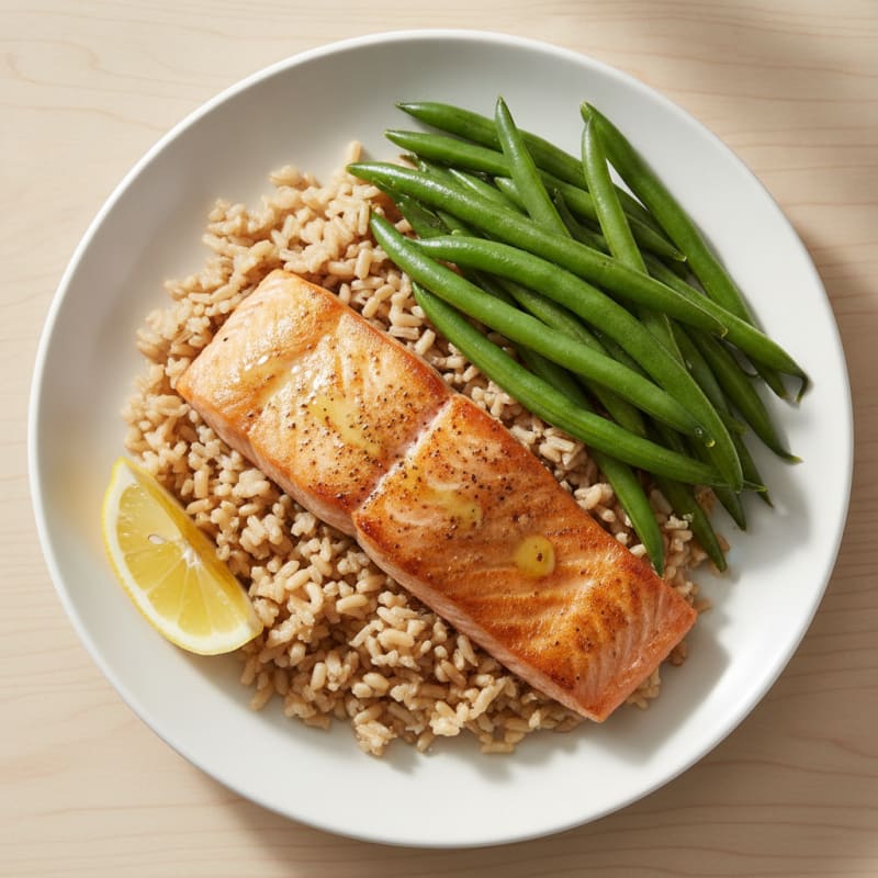 Seared Salmon Fillet with Steamed Green Beans and Brown Rice