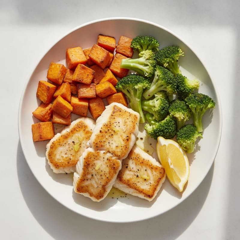 Seared Fish with Roasted Sweet Potatoes and Steamed Broccoli
