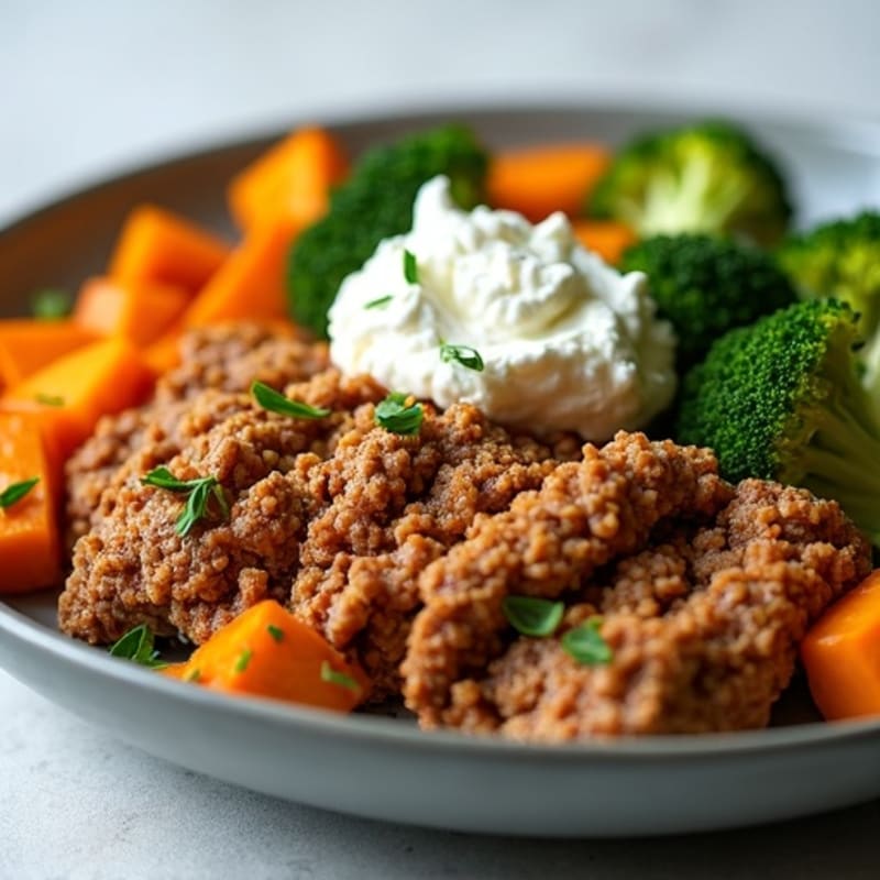 Crispy Ground Turkey and Roasted Broccoli with Sweet Potato