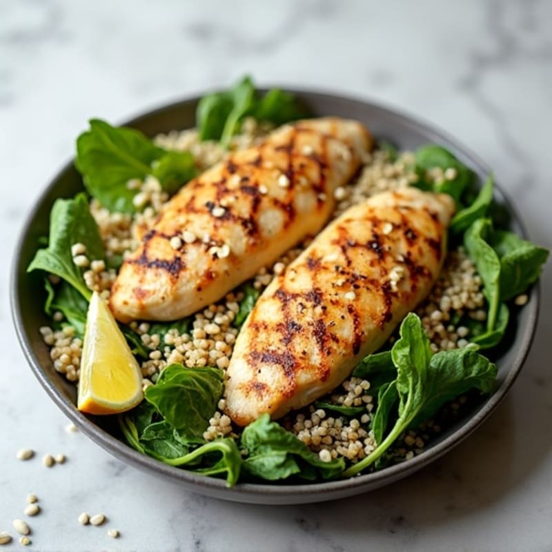 Grilled Chicken Breast Salad with Mixed Greens, Quinoa, and Sunflower Seeds