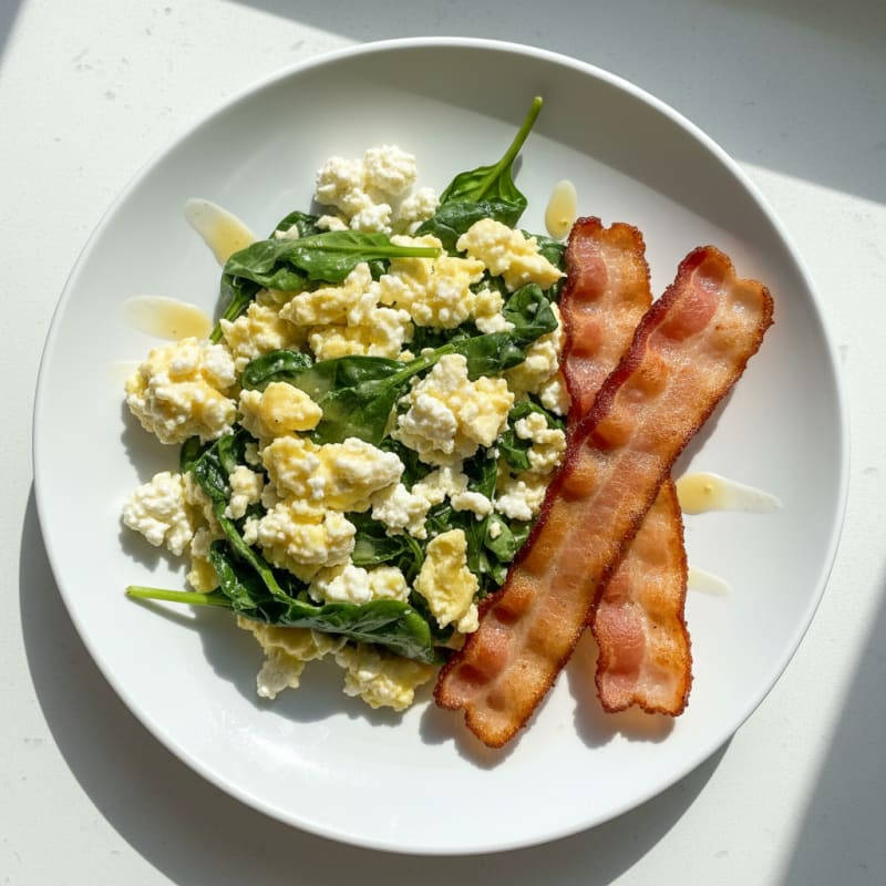 Cottage Cheese Scramble with Spinach and Turkey Bacon