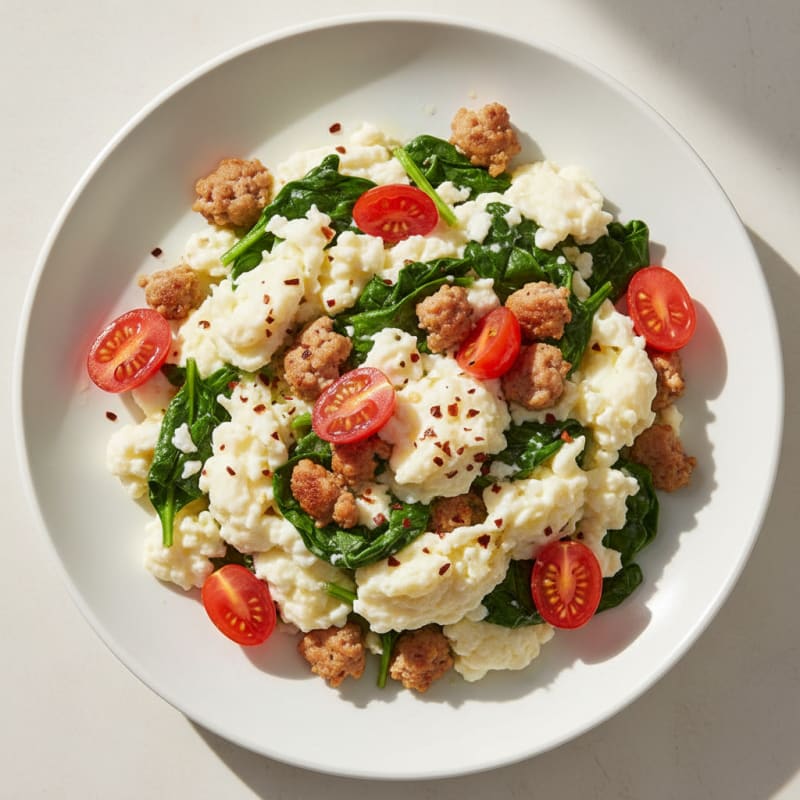 Egg White Scramble with Turkey Sausage and Sautéed Spinach