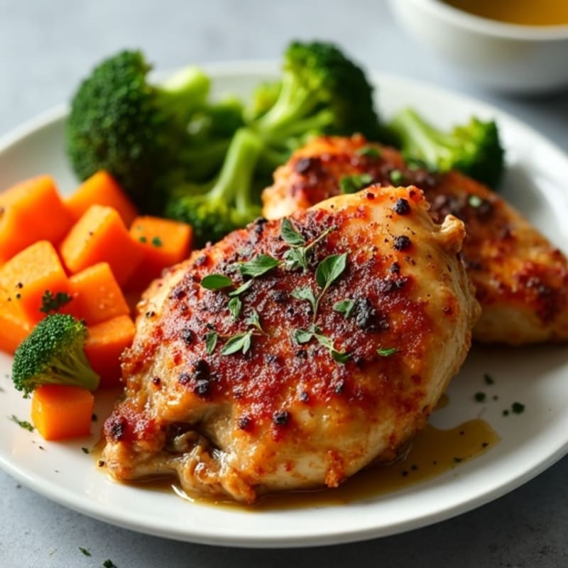 Crispy Roasted Chicken Thighs with Roasted Broccoli and Sweet Potatoes