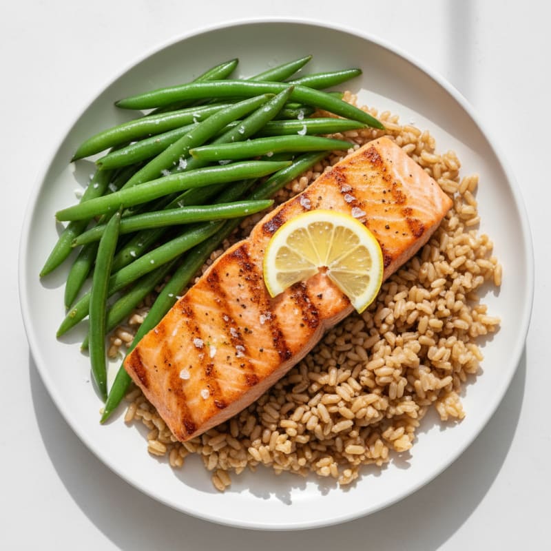 Seared Salmon Fillet with Steamed Green Beans and Brown Rice