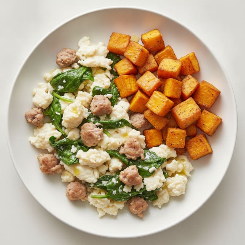 Egg White and Turkey Sausage Scramble with Spinach and Roasted Sweet Potato