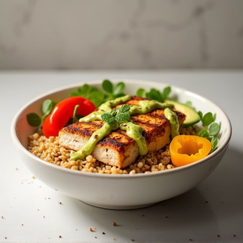 Spiced Chicken with Roasted Peppers and Creamy Avocado Rice Bowl