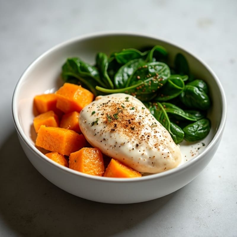 Creamy Coconut Chicken with Roasted Sweet Potatoes and Spinach
