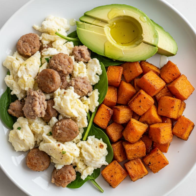Egg White and Turkey Sausage Scramble with Roasted Sweet Potato