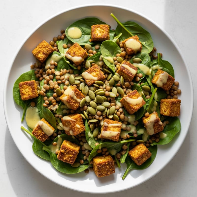 Crispy Tofu and Lentil Power Salad with Pumpkin Seeds