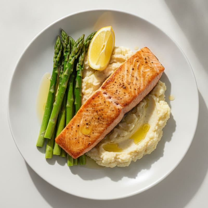 Seared Salmon Fillet with Steamed Asparagus and Garlic Mashed Cauliflower