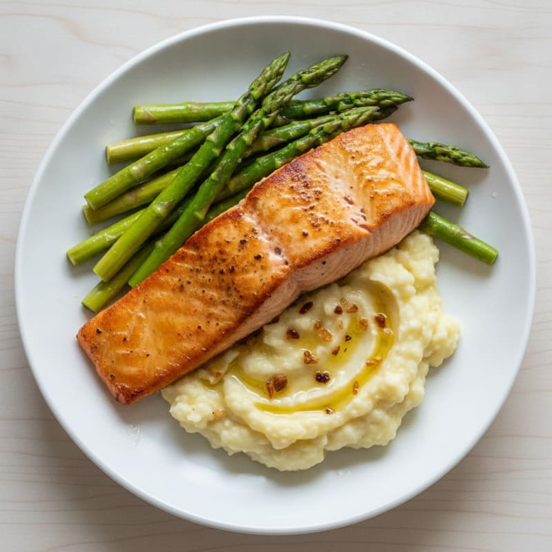 Seared Salmon with Steamed Asparagus and Garlic Mashed Cauliflower