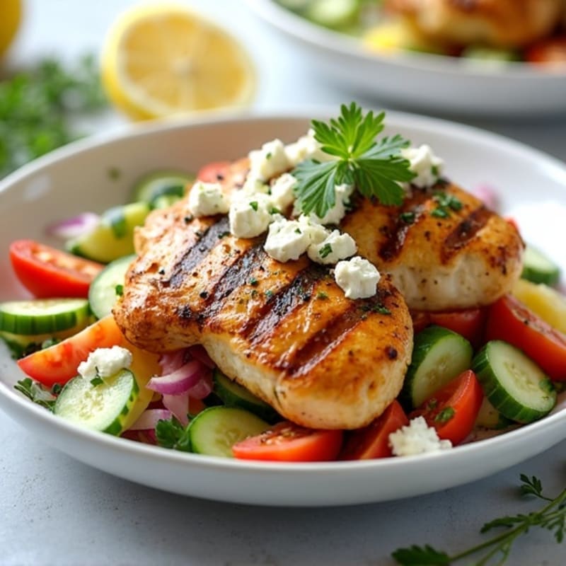 Lemon Herb Grilled Chicken with Fresh Vegetable and Feta Salad