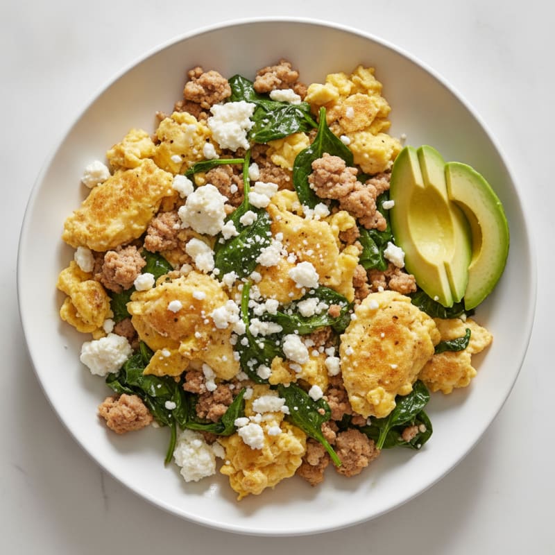 Cottage Cheese Egg Scramble with Turkey and Baby Spinach