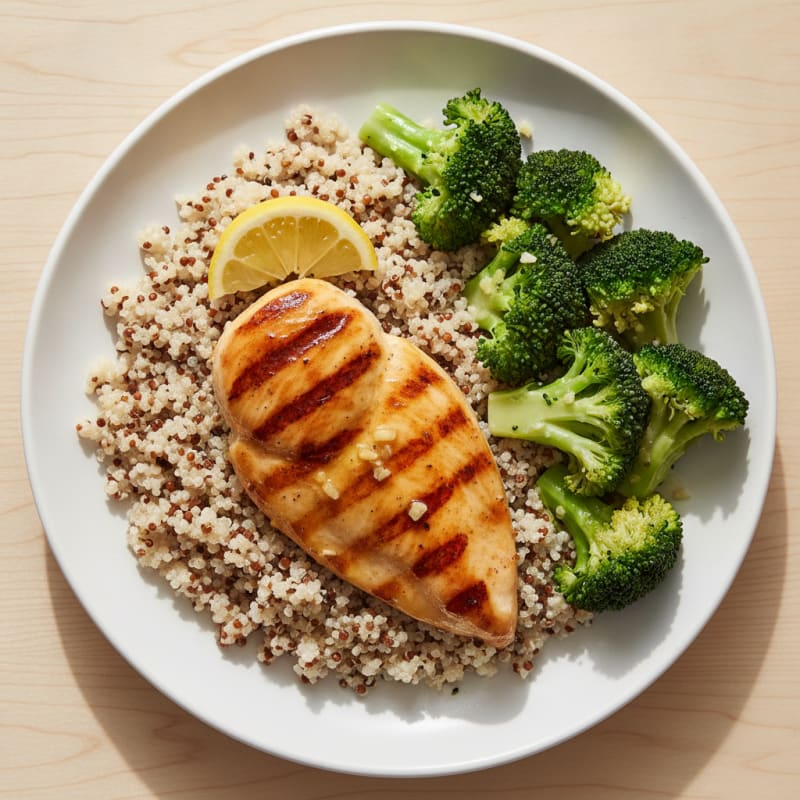 Grilled Lemon-Garlic Chicken Breast with Quinoa and Steamed Broccoli