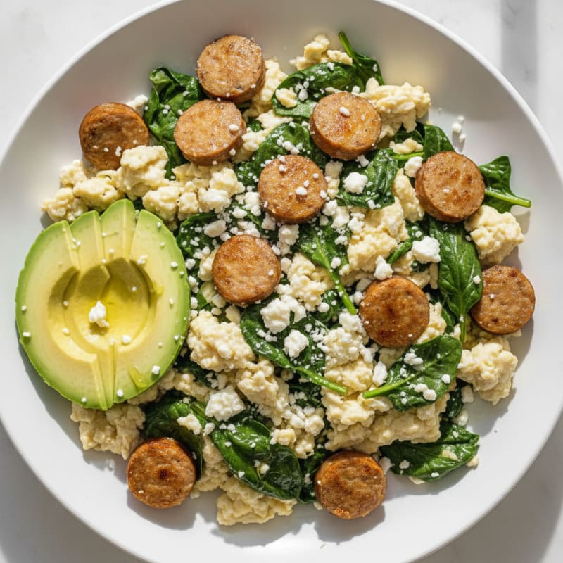 Egg White and Turkey Sausage Scramble with Spinach and Feta