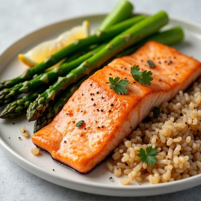 Seared Salmon Fillet with Steamed Asparagus and Brown Rice