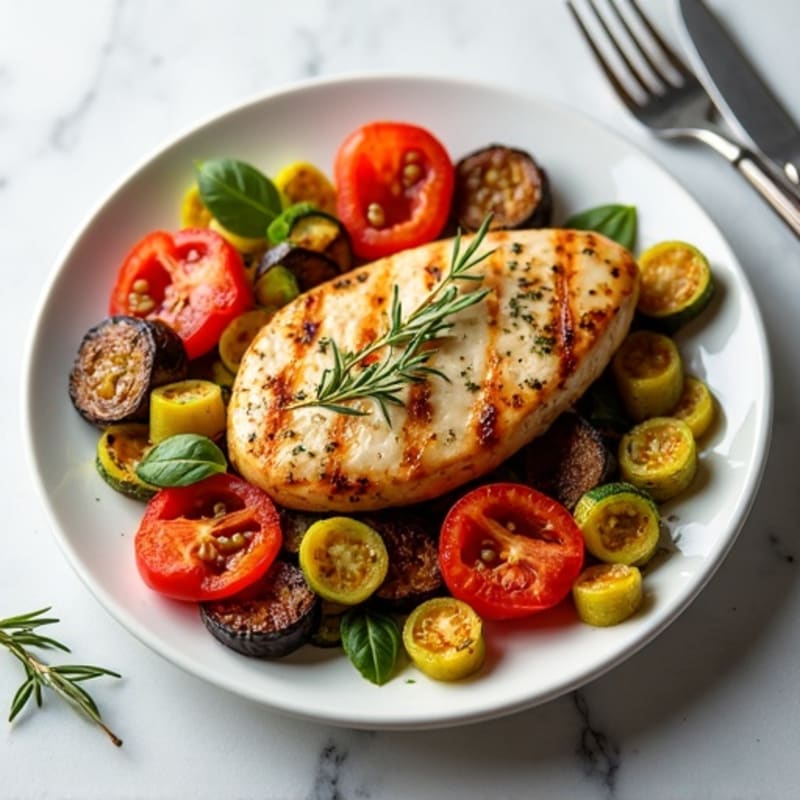 Herb-Roasted Eggplant, Zucchini, and Bell Pepper with Tomatoes and Grilled Chicken