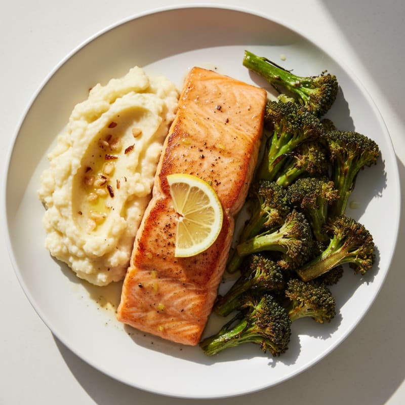 Seared Salmon Fillet with Roasted Broccoli and Garlic Mashed Cauliflower