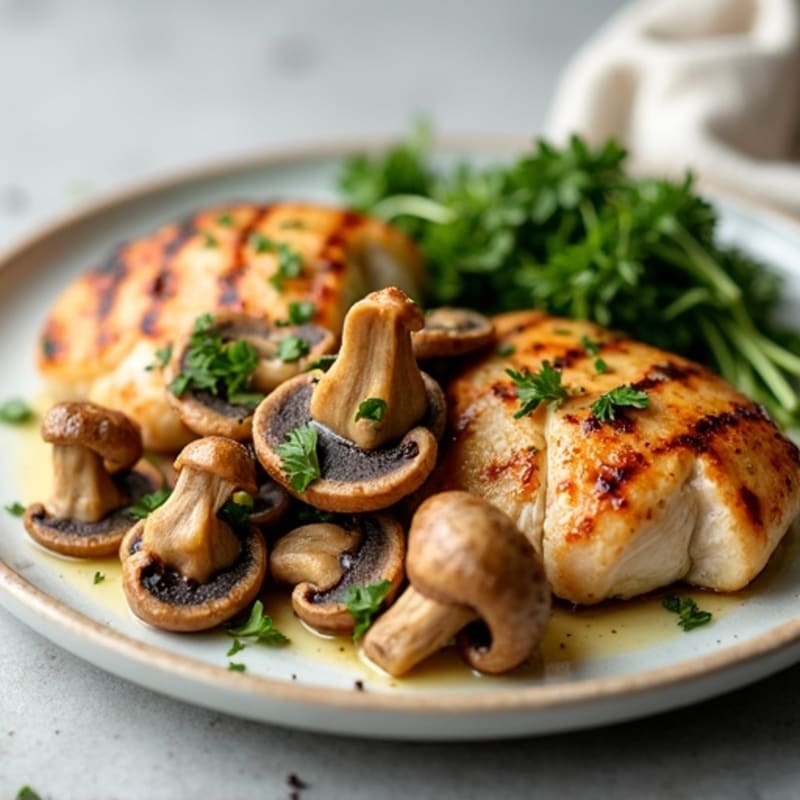 Garlic-Butter Roasted Mushrooms with Fresh Herbs and Grilled Chicken