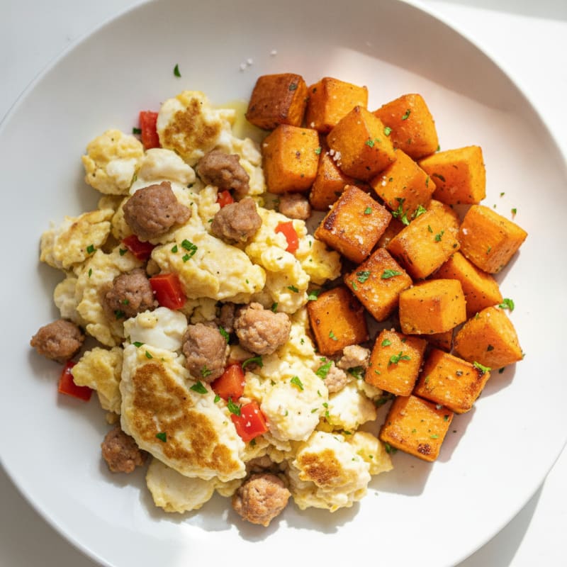 Egg White Scramble with Turkey Sausage and Roasted Sweet Potatoes