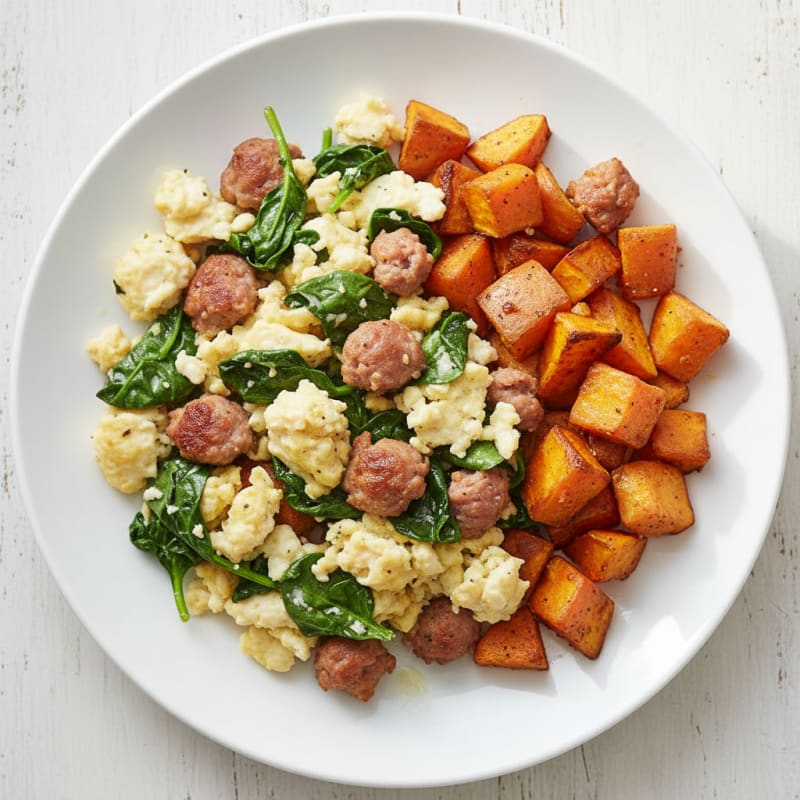 Egg White and Turkey Sausage Scramble with Spinach and Roasted Sweet Potatoes