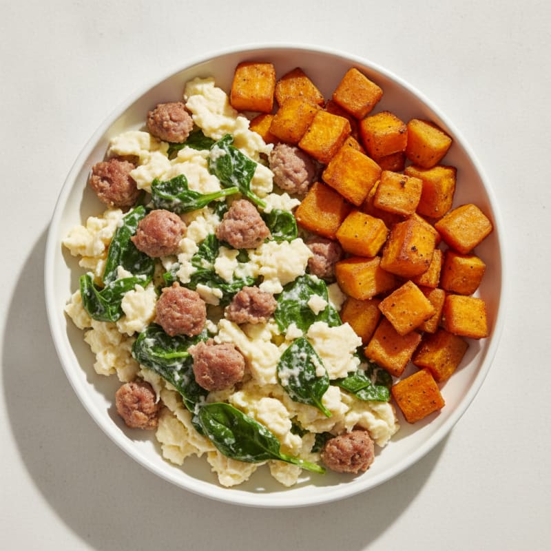 Scrambled Egg Whites with Turkey Sausage and Roasted Sweet Potato
