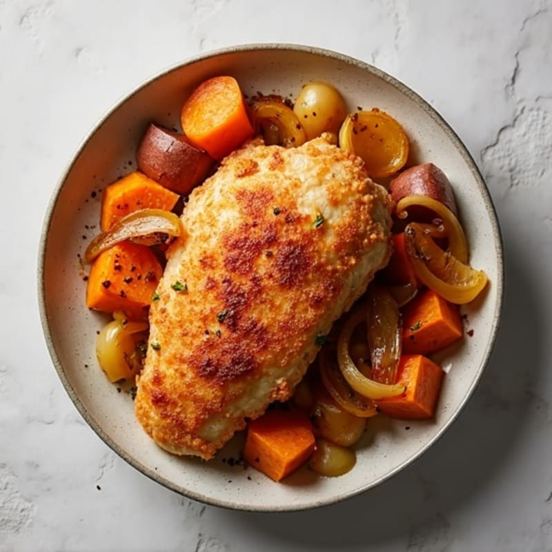 Crispy Baked Chicken Breast with Roasted Sweet Potatoes and Caramelized Onions