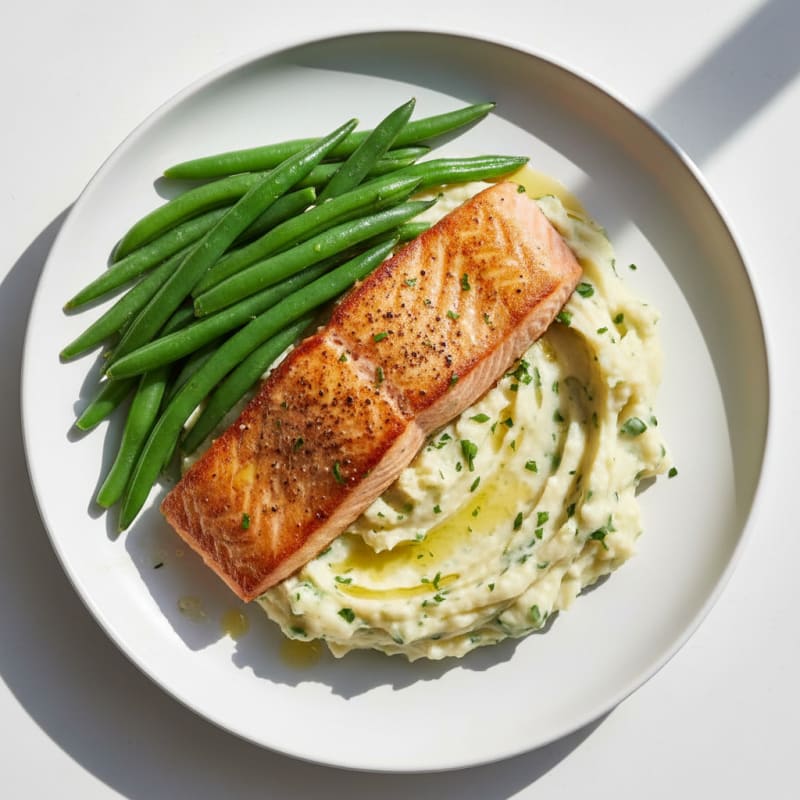 Seared Salmon Fillet with Steamed Green Beans and Garlic Mashed Potatoes