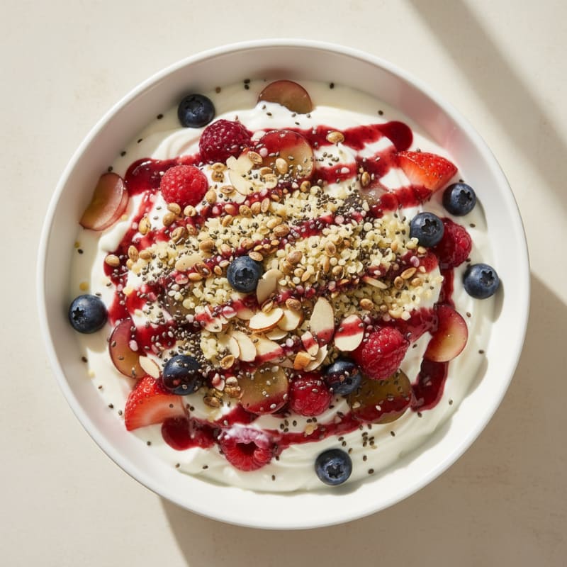 Protein Greek Yogurt Parfait with Mixed Berries and Chia Seeds
