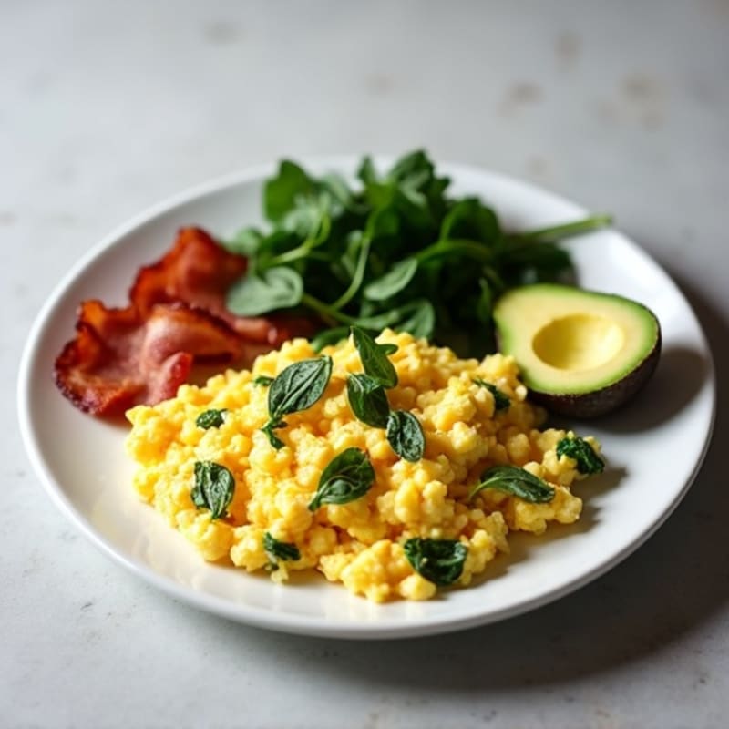 Egg White and Cottage Cheese Scramble with Sautéed Spinach and Turkey Bacon