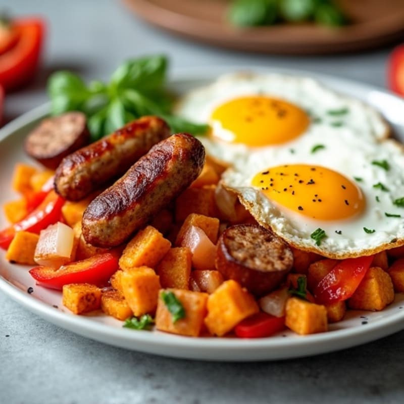 Crispy Sweet Potato Hash with Lean Turkey Sausage and Fried Eggs