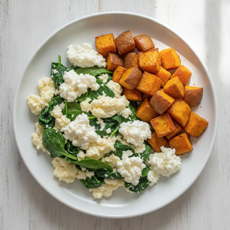 Egg White and Spinach Scramble with Cottage Cheese and Roasted Sweet Potato