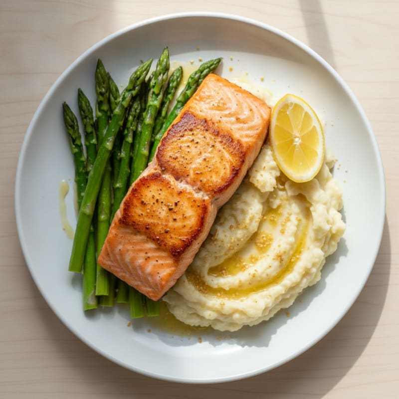 Seared Salmon Fillet with Steamed Asparagus and Garlic Mashed Cauliflower