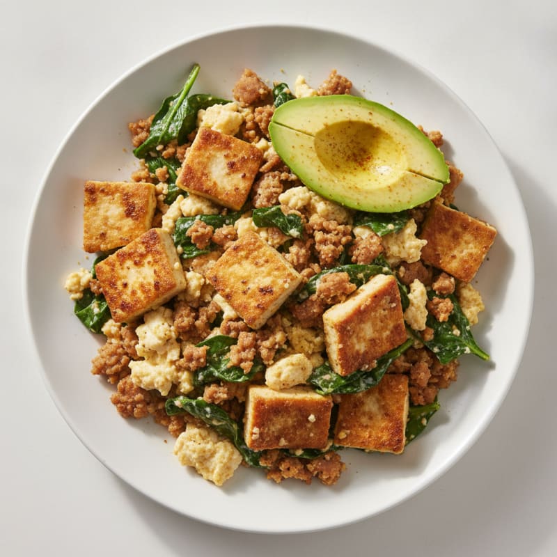 Silky Tofu Scramble with Spinach and Tempeh Crumbles