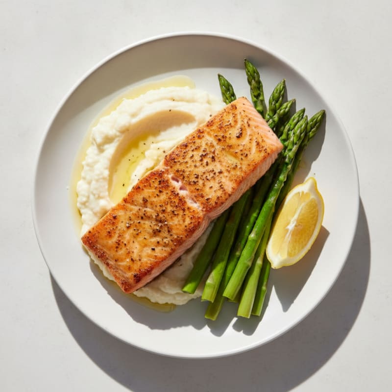 Seared Salmon Fillet with Steamed Asparagus and Cauliflower Mash
