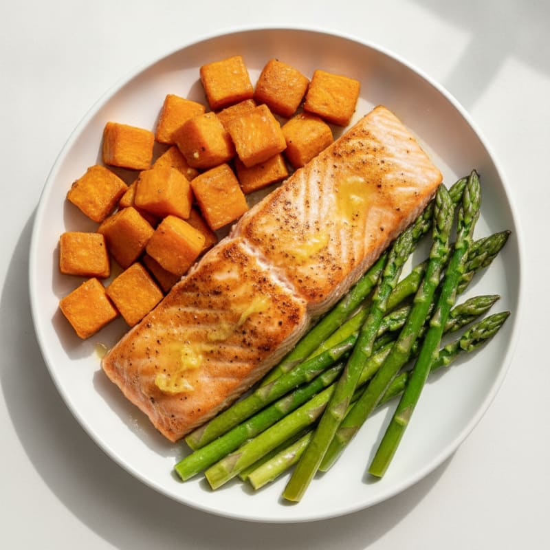 Seared Salmon with Roasted Sweet Potatoes and Asparagus