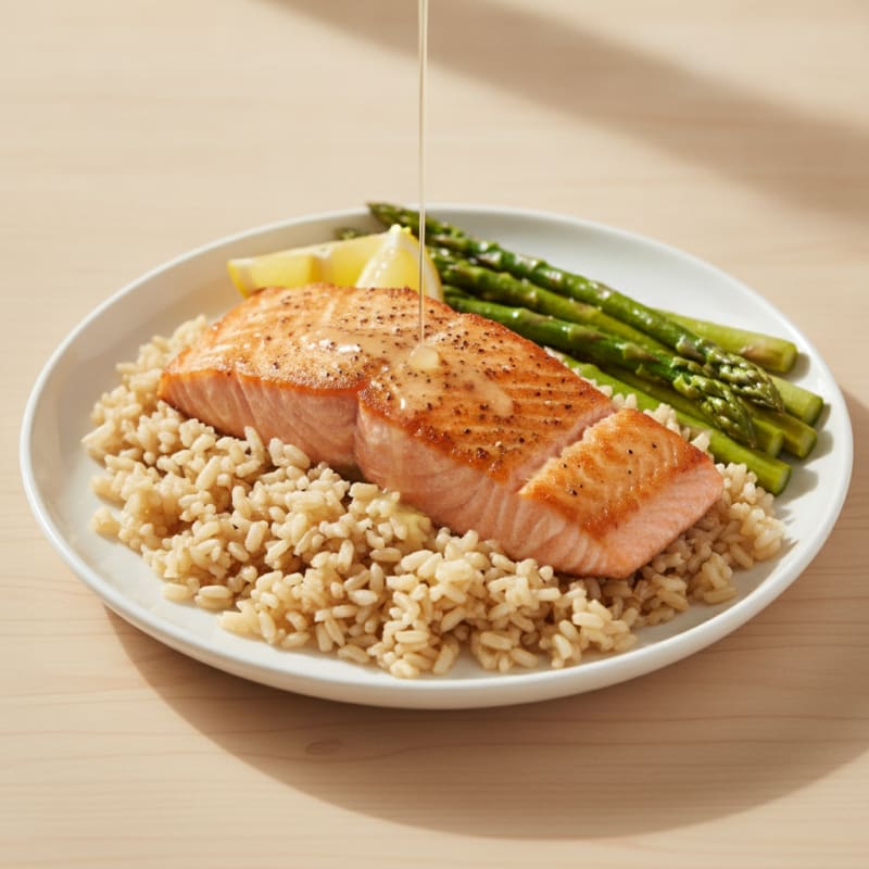 Seared Salmon with Steamed Asparagus and Brown Rice