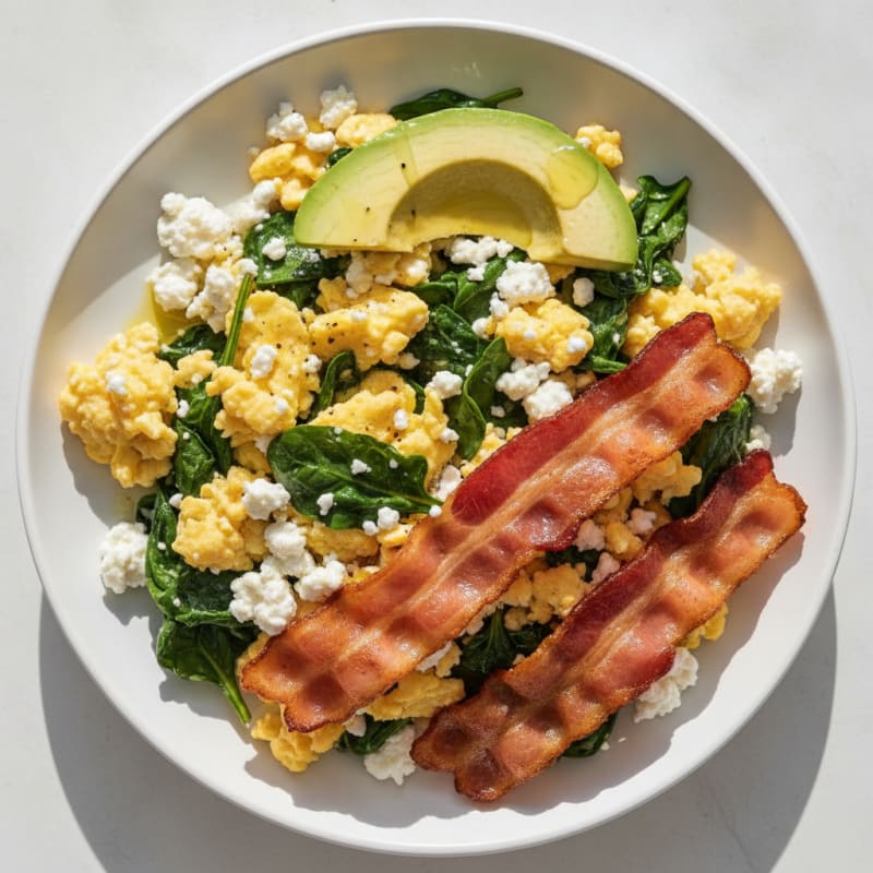 Cottage Cheese Scramble with Spinach and Turkey Bacon