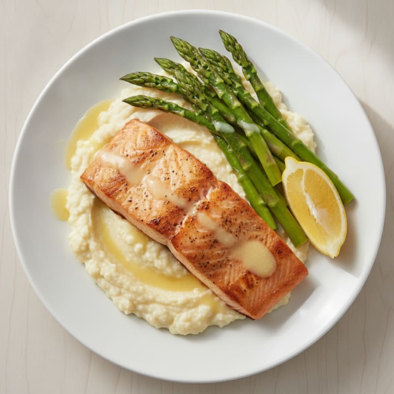 Seared Salmon with Steamed Asparagus and Cauliflower Mash