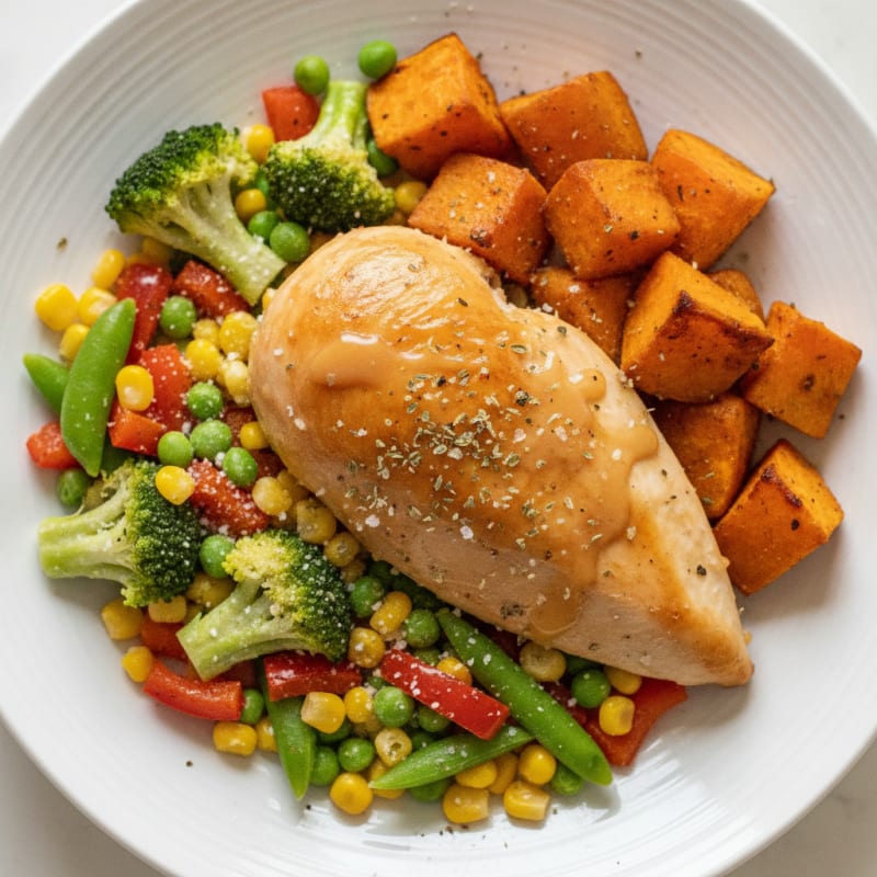 Rotisserie Chicken with Roasted Sweet Potatoes and Vegetables