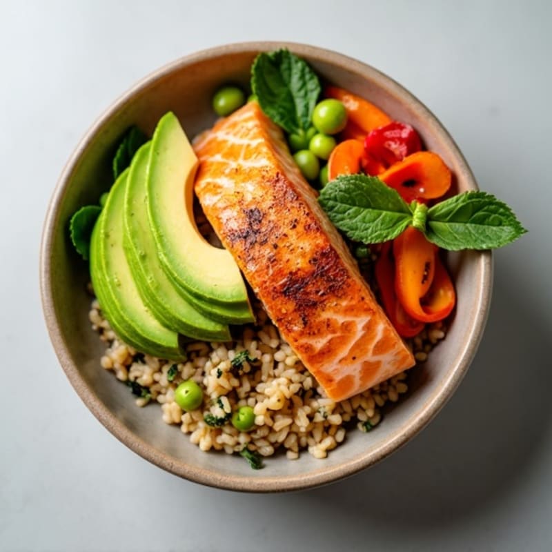 Fresh Salmon and Avocado Rice Bowl with Crisp Vegetables