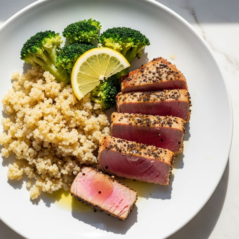 Seared Tuna Steak with Steamed Broccoli and Quinoa