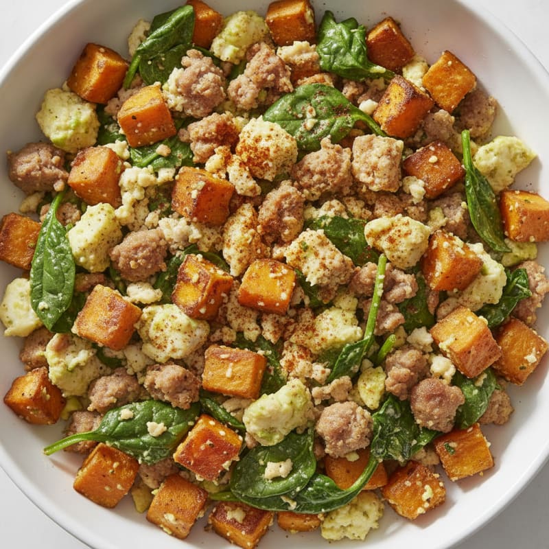 Crispy Egg White and Turkey Sausage Scramble with Spinach and Sweet Potato