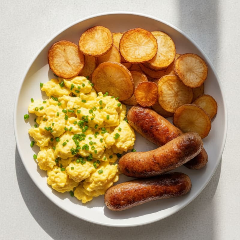 Crispy Turkey Sausage with Scrambled Eggs and Roasted Potato Chips