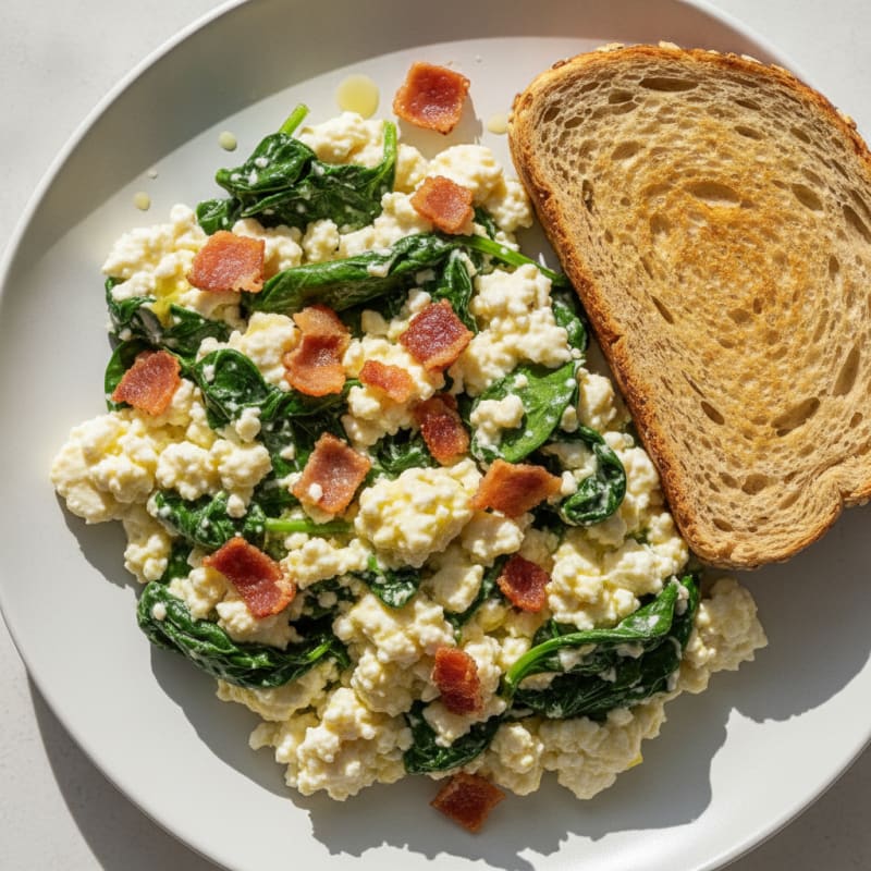 Cottage Cheese and Egg White Scramble with Spinach and Turkey Bacon